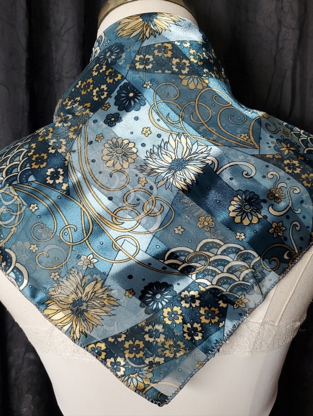 Women's Silky Satin Scarf TEAL BLUE FLORAL Art Deco SQUARE 20"